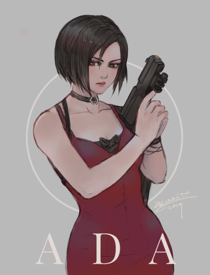 1girl ada_wong black_hair breasts brown_eyes choker cleavage dress gloves gun kaejunni looking_at_viewer pantyhose red_dress resident_evil resident_evil_2 short_hair solo weapon