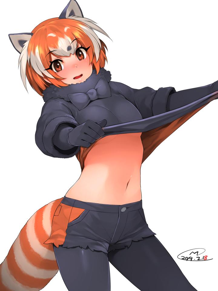 1girl animal_ears black_bow black_gloves black_legwear black_skirt blush bow bowtie commentary_request dated eyebrows_visible_through_hair fur-trimmed_sleeves fur_collar fur_trim gloves happa_(cloverppd) kemono_friends legwear_under_shorts lesser_panda_(kemono_friends) lifted_by_self long_sleeves looking_at_viewer multicolored_hair navel orange_hair panda_ears panda_tail pantyhose parted_lips shirt_lift short_hair shorts simple_background skirt smile solo white_background white_hair