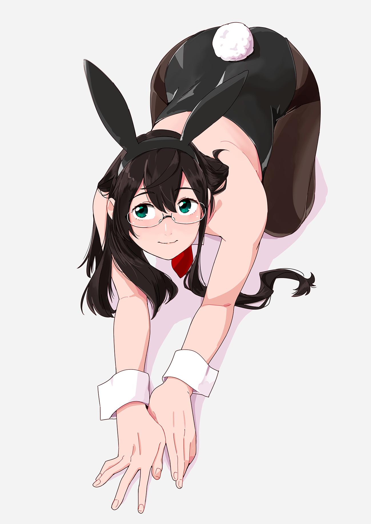 1girl all_fours alternate_costume animal_ears bangs bare_shoulders black_hair black_leotard blush bunny_girl bunny_tail bunnysuit closed_mouth eyebrows_visible_through_hair fake_animal_ears glasses green_eyes hair_between_eyes hairband highres kantai_collection leotard long_hair looking_at_viewer necktie ojipon on_ground ooyodo_(kantai_collection) pantyhose rabbit_ears semi-rimless_eyewear simple_background solo strapless strapless_leotard tail under-rim_eyewear white_background wrist_cuffs
