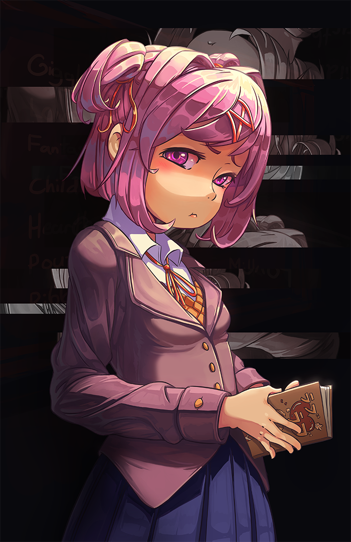 1girl :t book collar doki_doki_literature_club hair_ornament hair_ribbon hairclip holding holding_book limited-access long_sleeves natsuki_(doki_doki_literature_club) neck_ribbon pink_eyes pink_hair pleated_skirt ribbon school_uniform short_hair skirt white_collar