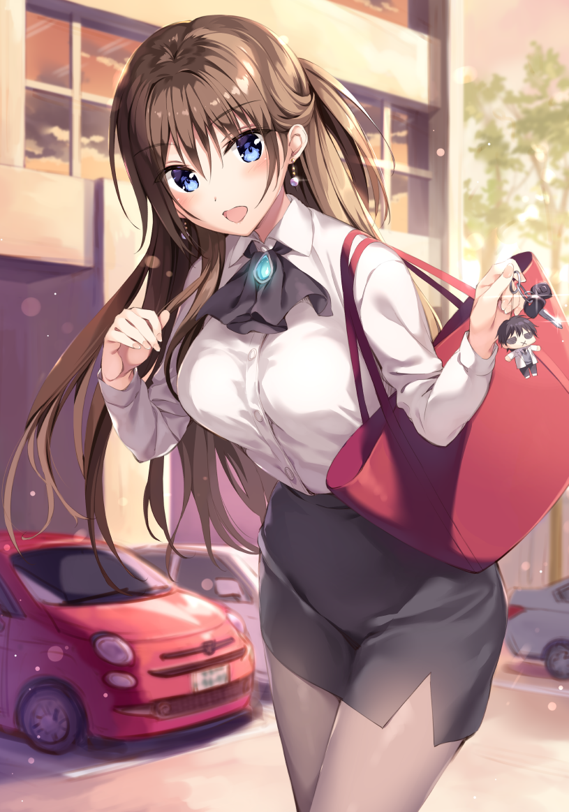 1girl :d bag black_neckwear black_skirt blue_eyes blurry boku_no_kanojo_sensei breasts brooch brown_hair brown_legwear building car collared_shirt cowboy_shot depth_of_field dress_shirt earrings evening fujiki_maka glint ground_vehicle hands_up holding jewelry key keychain large_breasts light_particles long_hair long_sleeves looking_at_viewer motor_vehicle novel_illustration open_mouth oryou outdoors pantyhose pencil_skirt shirt shirt_tucked_in shoulder_bag sidelocks skirt smile solo standing tree uniform white_shirt