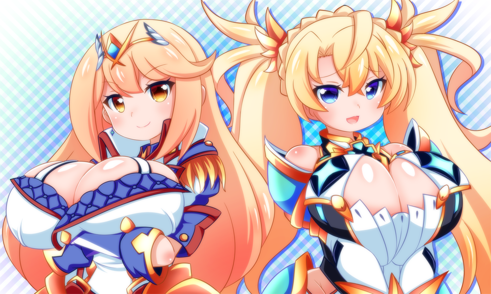 2girls bare_shoulders blonde_hair blue_background blue_eyes bradamante_(fate/grand_order) bradamante_(fate/grand_order)_(cosplay) breast_hold breasts cleavage commentary_request cosplay costume_switch crossover elbow_gloves fate/grand_order fate_(series) gloves mythra_(xenoblade) mythra_(xenoblade)_(cosplay) large_breasts long_hair multiple_girls nintendo oborotsuki_kakeru open_mouth simple_background smile twintails very_long_hair white_background xenoblade_(series) xenoblade_2 yellow_eyes