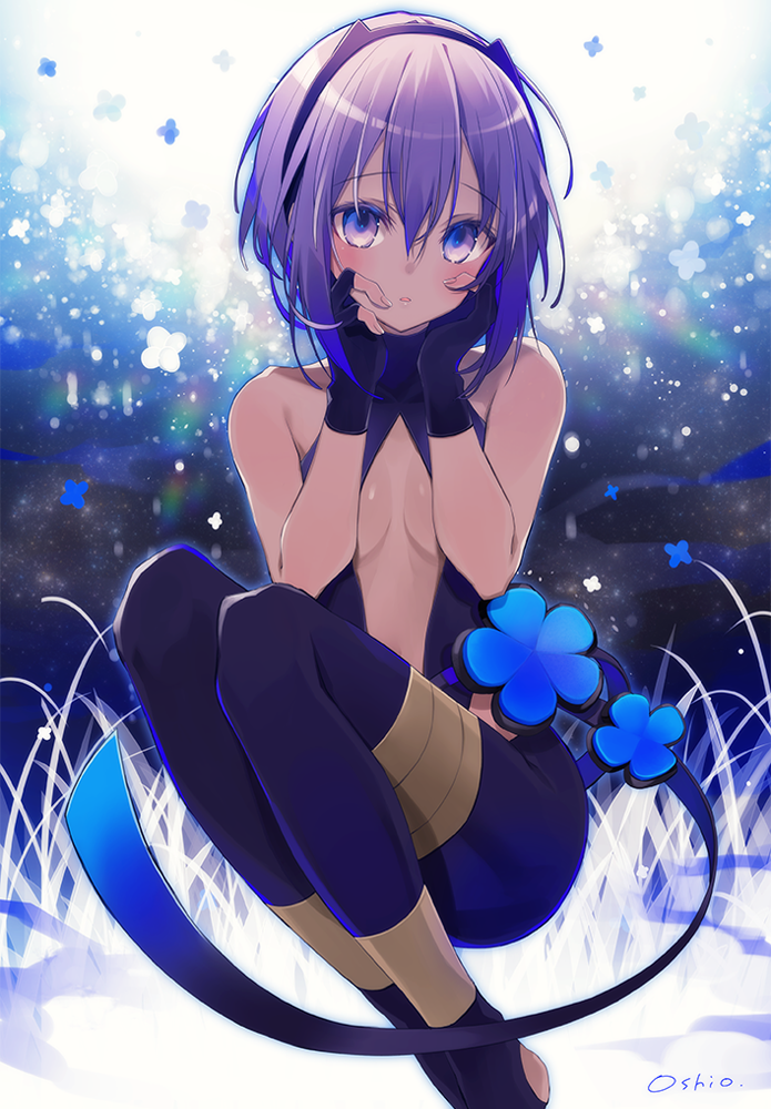 1girl bangs bare_shoulders black_bodysuit black_gloves blue_flower blush bodysuit breasts center_opening collarbone commentary_request dark_skin eyebrows_visible_through_hair fate/prototype fate/prototype:_fragments_of_blue_and_silver fate_(series) fingerless_gloves fingernails flower gloves hair_between_eyes hands_on_own_face hassan_of_serenity_(fate) looking_at_viewer oshio_(dayo) parted_lips purple_hair signature small_breasts solo violet_eyes