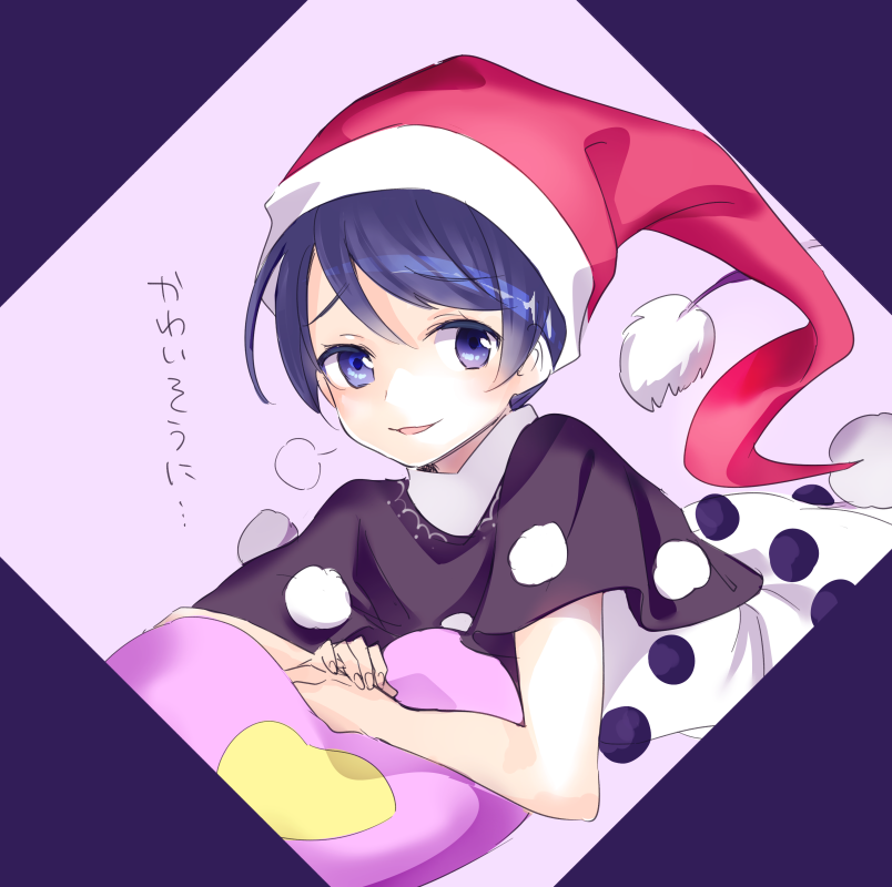 1girl =3 arm_support bangs black_capelet blob blue_eyes blue_hair blush capelet doremy_sweet dress eyebrows_visible_through_hair hair_between_eyes hat looking_at_viewer lying makuwauri nightcap on_stomach parted_lips pink_background pom_pom_(clothes) purple_background red_hat short_hair smile solo tail tapir_tail touhou translated two-tone_background upper_body white_dress