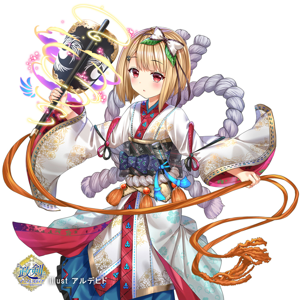 1girl :o aldehyde blonde_hair blue_ribbon blush bow commentary_request fan hair_bow hair_ornament holding holding_fan japanese_clothes kimono long_sleeves looking_at_viewer magic obi official_art parted_lips red_eyes ribbon rope sash seiken_manifestia shimenawa short_hair simple_background solo standing tassel watermark white_background white_kimono wide_sleeves