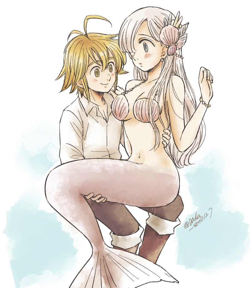 1boy 1girl antenna_hair blonde_hair blush bracelet breasts brown_eyes brown_footwear brown_pants carrying cleavage collarbone dress_shirt earrings elizabeth_liones grey_eyes harumiya jewelry long_hair medium_breasts meliodas mermaid monster_girl nanatsu_no_taizai navel pants parted_lips princess_carry shell shell_bikini shell_hair_ornament shirt silver_hair smile twitter_username very_long_hair white_background white_shirt