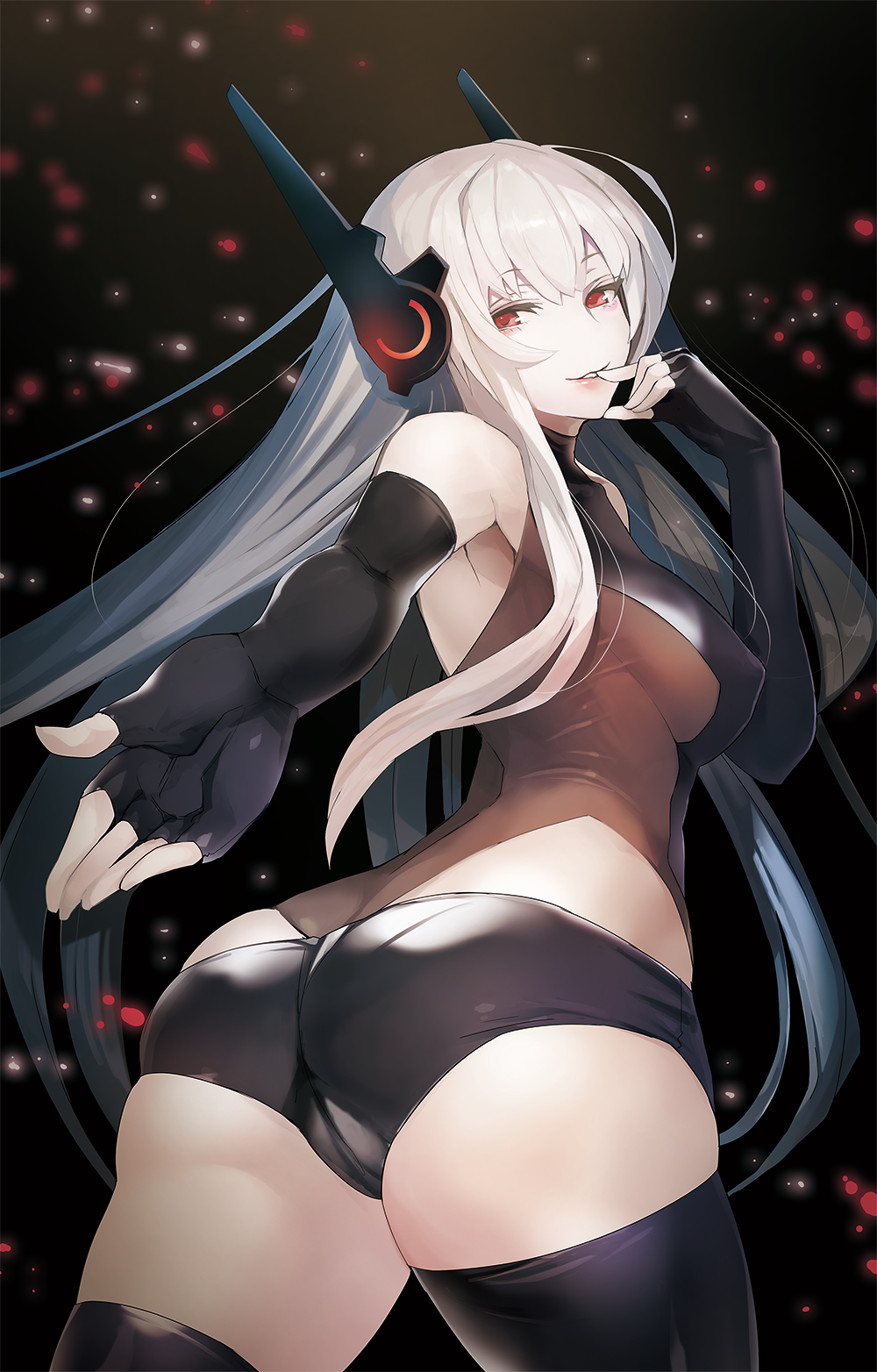 ass bangs bare_shoulders black_background black_gloves black_legwear black_panties breasts collarbone elbow_gloves eyebrows_visible_through_hair finger_to_mouth fingerless_gloves gloves headgear highres large_breasts long_hair looking_at_viewer looking_back original panties parted_lips red_eyes silver_hair skin_tight taishi_(picchiridou) thigh-highs underwear