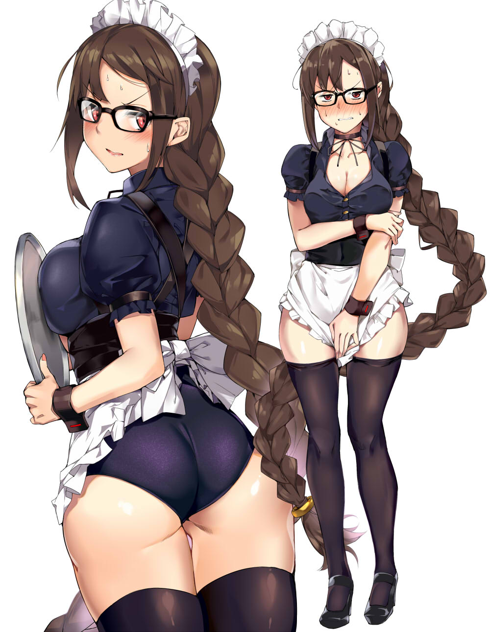 1girl alternate_costume apron ass black-framed_eyewear blush braid breasts brown_eyes brown_hair choker consort_yu_(fate) detached_sleeves fate/grand_order fate_(series) frills glasses hidebuu highres holding holding_tray long_hair looking_at_viewer maid_headdress medium_breasts multiple_views nose_blush simple_background solo thigh-highs tray very_long_hair waist_apron waitress white_background