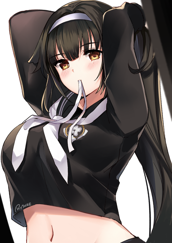 1girl azur_lane bangs black_hair black_serafuku blush bow breasts eyebrows_visible_through_hair large_breasts long_hair looking_at_viewer midriff navel ponytail ribbon ry_thae school_uniform serafuku solo takao_(academy_romantica)_(azur_lane) takao_(azur_lane) very_long_hair white_ribbon