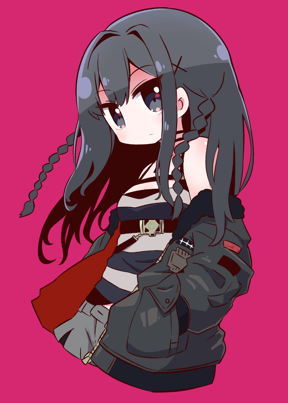 1girl bangs bare_shoulders black_eyes black_hair black_jacket braid breasts camisole character_request closed_mouth commentary_request criminal_girls eyebrows_visible_through_hair fur-trimmed_jacket fur_trim grey_shorts hair_between_eyes hair_ornament hands_in_pockets highres jacket long_hair long_sleeves looking_at_viewer naga_u off_shoulder open_clothes open_jacket pink_background puffy_long_sleeves puffy_sleeves shorts side_braids simple_background small_breasts solo striped striped_camisole twin_braids x_hair_ornament