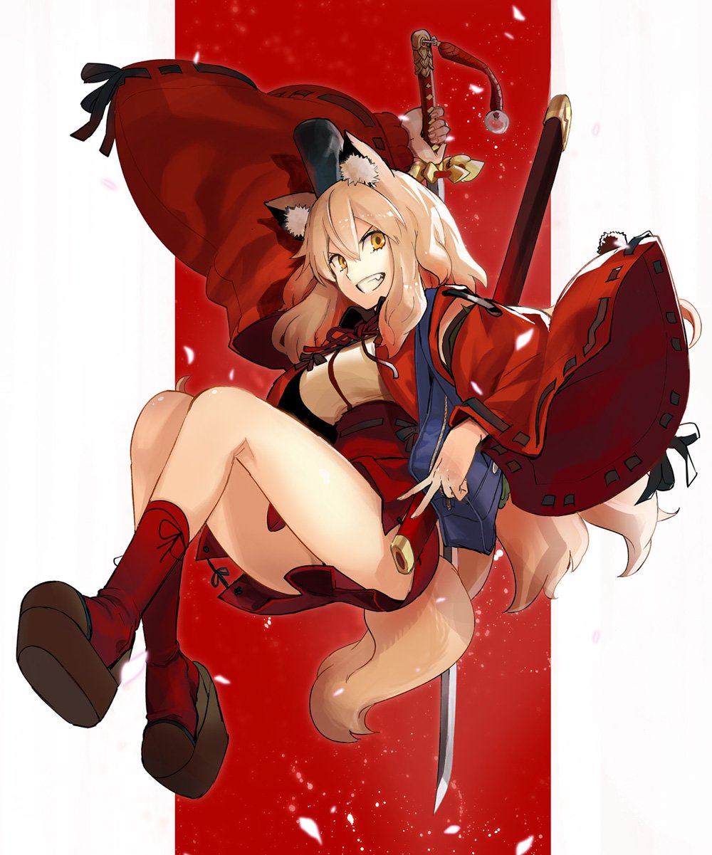 1girl animal_ears bag fate/extra fate/extra_ccc fate/extra_ccc_fox_tail fate/grand_order fate_(series) fox_ears fox_tail grin hat highres katana long_hair school_bag sheath smile suzuka_gozen_(fate) sword tail takenoko_seijin tate_eboshi v weapon wide_sleeves