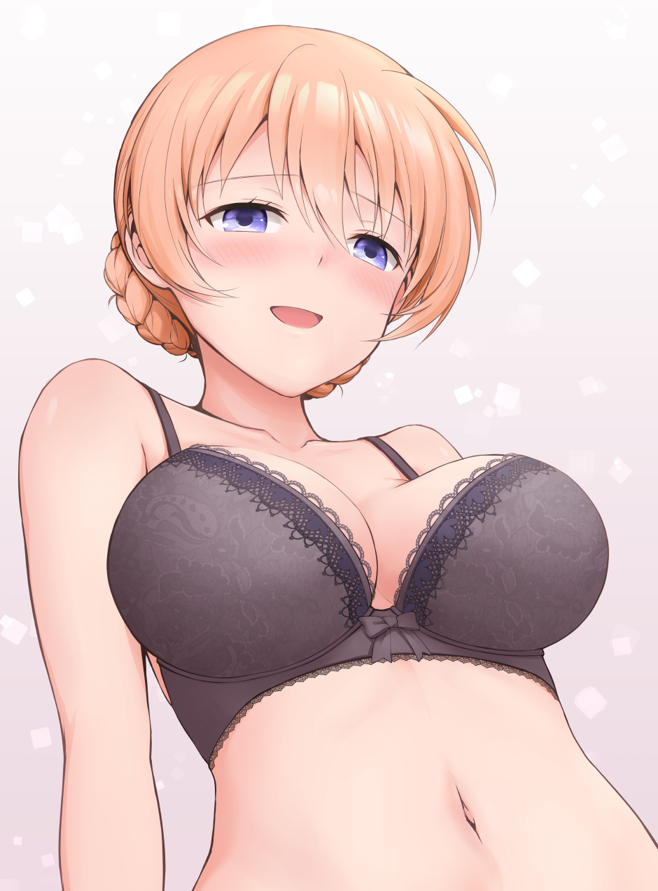 1girl black_bra blonde_hair bra breasts chacharan collarbone commentary_request darjeeling eyebrows_visible_through_hair girls_und_panzer gradient gradient_background grey_background hair_between_eyes highres large_breasts looking_at_viewer navel open_mouth short_hair smile solo underwear upper_body violet_eyes