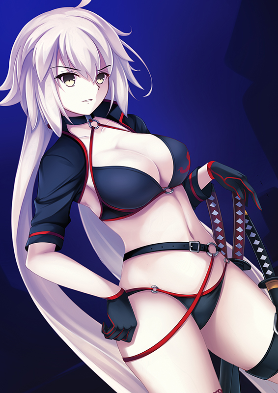 ahoge bikini breasts dutch_angle euforia fate/grand_order fate_(series) gloves hair_between_eyes hand_on_hip jeanne_d'arc_(alter_swimsuit_berserker) jeanne_d'arc_(fate) jeanne_d'arc_(fate)_(all) katana large_breasts long_hair navel panties swimsuit sword thighs underwear weapon white_hair yellow_eyes