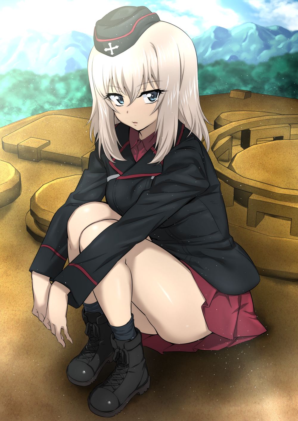 1girl ankle_boots bangs black_footwear black_hat black_jacket black_legwear blue_eyes blue_sky blurry blurry_background boots clouds cloudy_sky commentary_request day depth_of_field dress_shirt emblem eyebrows_visible_through_hair forest garrison_cap girls_und_panzer ground_vehicle hat highres itsumi_erika jacket kuromorimine_military_uniform leg_hug legs light_particles long_hair long_sleeves looking_at_viewer military military_hat military_uniform military_vehicle miniskirt motor_vehicle mountain nakahira_guy nature on_vehicle parted_lips partial_commentary pleated_skirt red_shirt red_skirt shirt silver_hair skirt sky socks solo squatting tank uniform