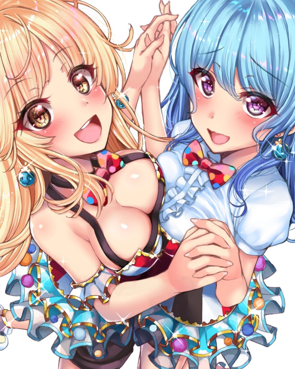 :d bangs blonde_hair blush breasts center_frills cleavage copyright_request earrings eyelashes fingernails from_above hands_up happy highres interlocked_fingers jewelry long_hair looking_at_viewer looking_up open_mouth puffy_short_sleeves puffy_sleeves raised_eyebrows short_sleeves sketch_eyebrows smile standing w_arms