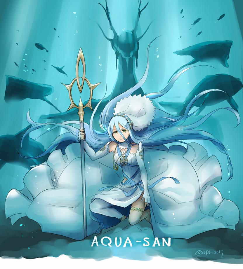 1girl aqua_(fire_emblem_if) blue_hair character_name closed_mouth dragon dress elbow_gloves fingerless_gloves fire_emblem fire_emblem_if fish gloves hair_between_eyes holding holding_weapon jewelry long_hair my_unit_(fire_emblem_if) nintendo one_knee pendant polearm robaco twitter_username veil weapon white_dress white_gloves yellow_eyes