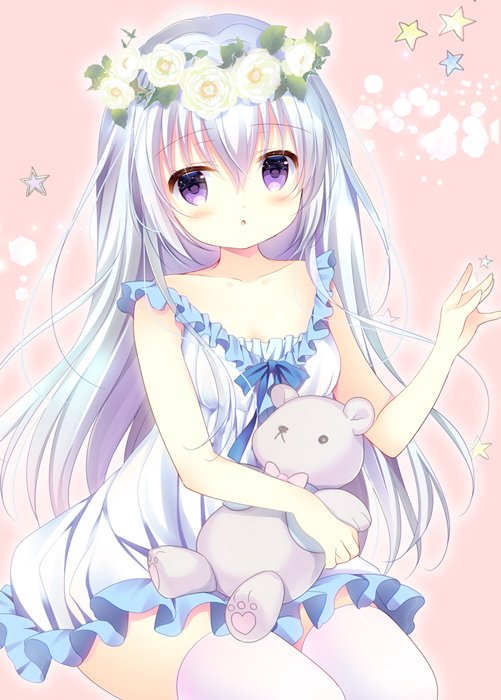 1girl :o bangs bare_arms bare_shoulders blue_bow blush bow collarbone dress eyebrows_visible_through_hair flower hair_between_eyes hair_flower hair_ornament long_hair looking_at_viewer original parted_lips shirogane_hina silver_hair sitting sleeveless sleeveless_dress solo star stuffed_animal stuffed_toy teddy_bear thigh-highs very_long_hair violet_eyes white_dress white_flower white_legwear