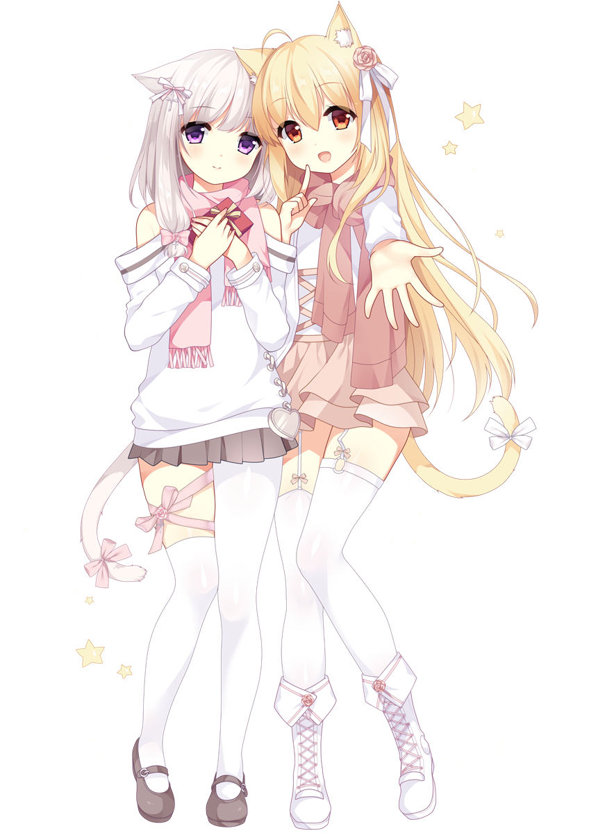 2girls animal_ear_fluff animal_ears asymmetrical_legwear bangs bare_shoulders blonde_hair boots bow brown_footwear brown_scarf brown_skirt cat_ears cat_girl cat_tail commentary_request copyright_request cross-laced_footwear eyebrows_visible_through_hair fringe_trim full_body hair_between_eyes highres lace-up_boots long_hair long_sleeves mary_janes multiple_girls official_art pink_bow pink_scarf pleated_skirt red_eyes scarf shirt shoes silver_hair simple_background single_leg_pantyhose single_thighhigh skirt standing star tail tail_bow thigh-highs verjuice very_long_hair violet_eyes white_background white_bow white_footwear white_legwear white_shirt