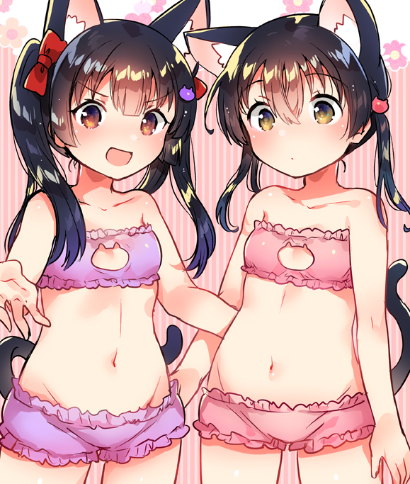 2girls :d animal_ear_fluff animal_ears bangs bare_arms bare_shoulders black_hair blush bow bra brown_eyes cat_cutout cat_ears cat_girl cat_hair_ornament cat_lingerie cat_tail cleavage_cutout collarbone commentary_request eyebrows_visible_through_hair frilled_bra frills groin hair_between_eyes hair_bow hair_ornament ichihaya long_hair meme_attire multiple_girls navel open_mouth original panties pink_bra pink_panties purple_bra purple_panties red_bow smile strapless strapless_bra striped striped_background tail tail_raised twintails underwear underwear_only vertical-striped_background vertical_stripes