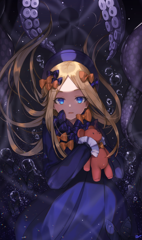 1girl abigail_williams_(fate/grand_order) bangs black_dress black_hat blonde_hair blue_eyes bow dress fate/grand_order fate_(series) fuu_kotora hat holding holding_stuffed_animal keyhole long_hair looking_at_viewer orange_bow parted_bangs polka_dot polka_dot_bow stuffed_animal stuffed_toy teddy_bear tentacle