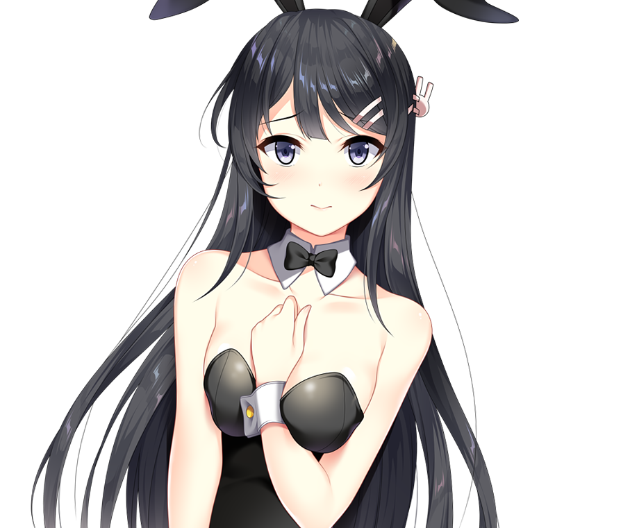 1girl animal_ears arm_between_breasts bangs bare_shoulders black_hair black_leotard black_neckwear blush bow bowtie breasts bunny_hair_ornament closed_mouth collar collarbone commentary_request detached_collar dutch_angle eyebrows_visible_through_hair hair_ornament hairclip hand_up leotard long_hair looking_at_viewer medium_breasts rabbit_ears sakurajima_mai seishun_buta_yarou simple_background solo strapless strapless_leotard verjuice very_long_hair violet_eyes white_background white_collar wrist_cuffs