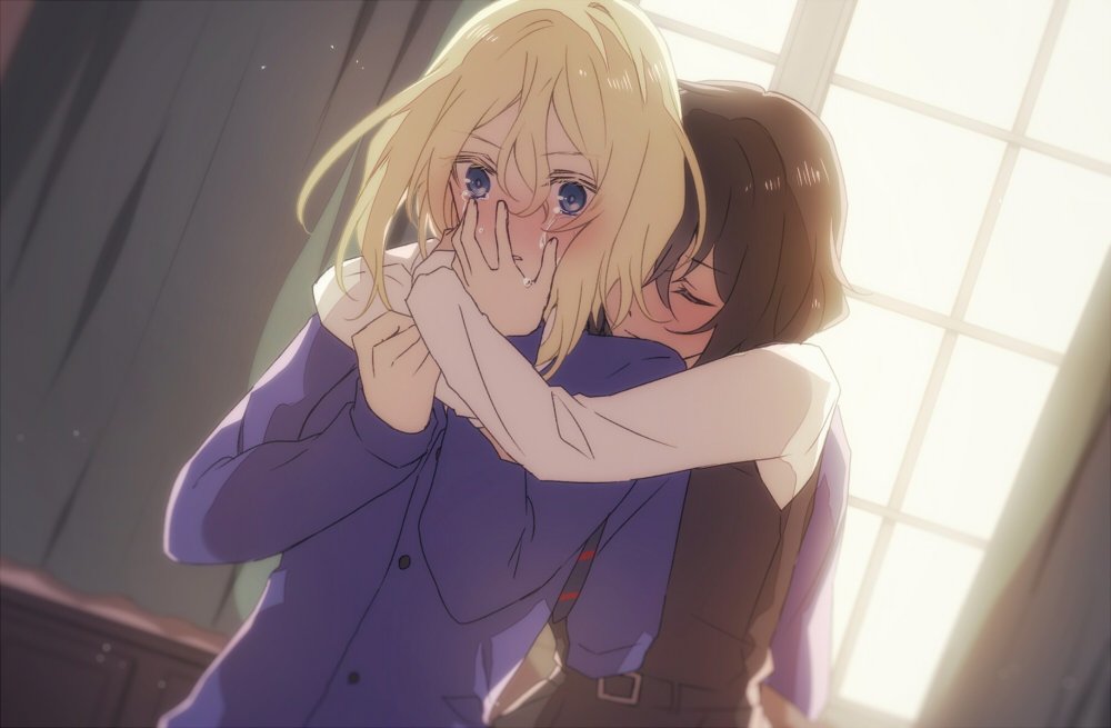 2girls amazuki_jou andou_(girls_und_panzer) arm_grab backlighting bangs bc_freedom_school_uniform black_hair black_vest blonde_hair blue_eyes blue_sweater blurry blurry_background blush cardigan closed_eyes commentary crying crying_with_eyes_open curtains dark_skin depth_of_field diagonal_stripes dress_shirt frown girls_und_panzer hand_on_own_face hug hug_from_behind indoors light_particles long_sleeves medium_hair messy_hair multiple_girls necktie open_mouth oshida_(girls_und_panzer) school_uniform shirt standing striped striped_neckwear sunlight sweater sweater_around_neck tears vest white_shirt window yuri