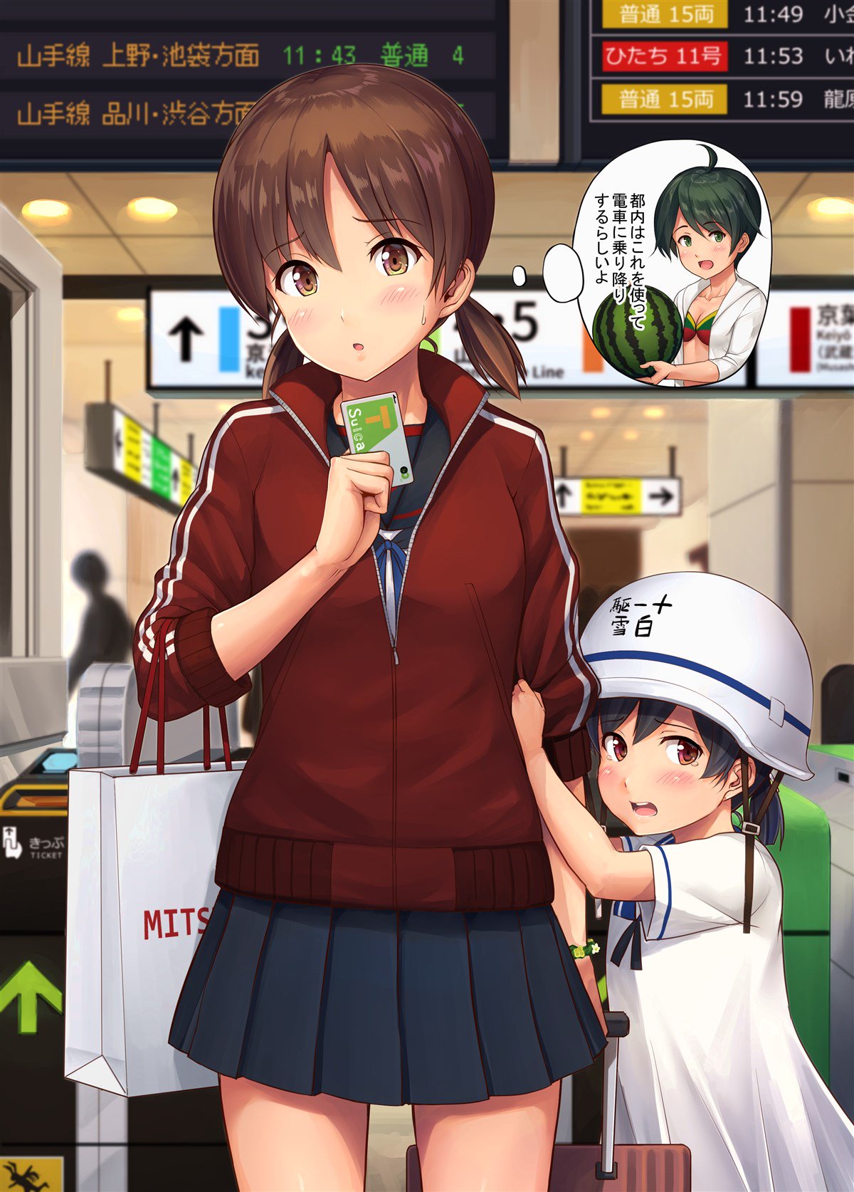 black_hair blush brown_eyes brown_hair card commentary_request dress eyebrows_visible_through_hair food fruit helmet hiburi_(kantai_collection) highres holding holding_card holding_hand ichikawa_feesu jacket kantai_collection looking_at_viewer low_ponytail low_twintails mogami_(kantai_collection) open_mouth parted_lips pleated_skirt red_jacket sailor_dress shirayuki_(kantai_collection) short_hair short_sleeves skirt suica translation_request twintails watermelon white_dress