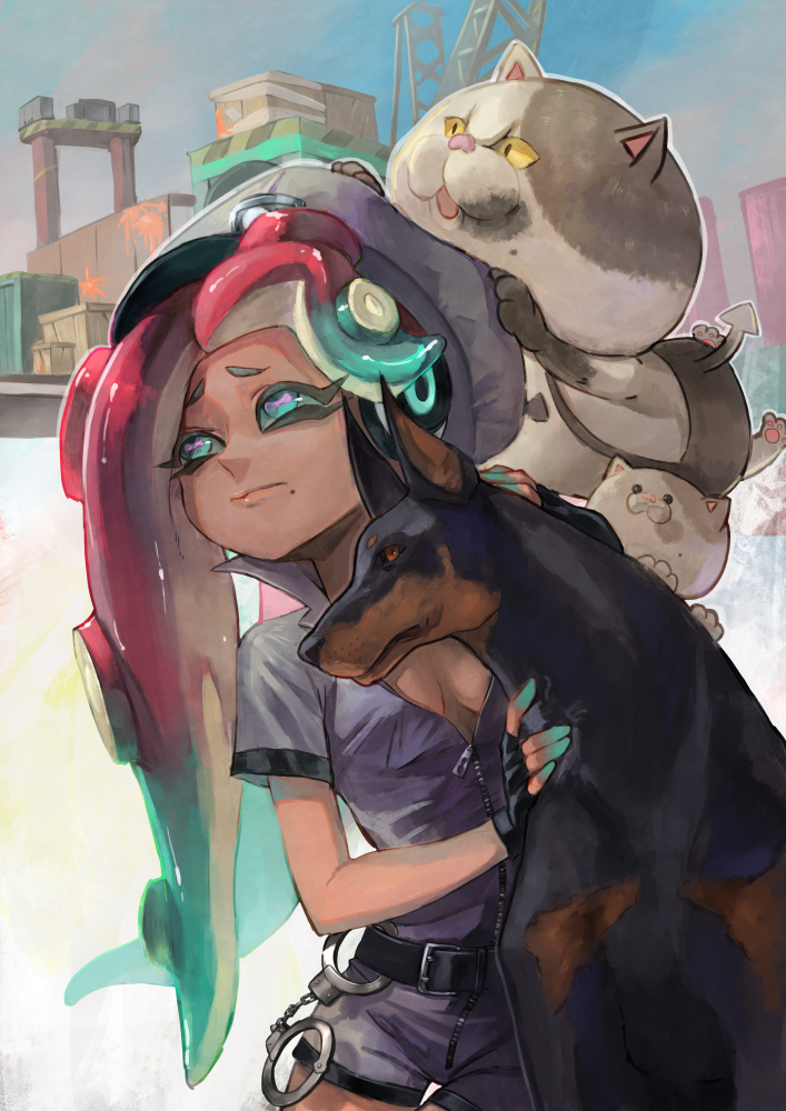 1girl animal aqua_eyes aqua_hair aqua_skin belt belt_buckle black_belt black_gloves breasts buckle cat cleavage closed_mouth commentary_request cowboy_shot cuffs dark_skin doberman dog fingerless_gloves furrowed_eyebrows gloves handcuffs hat headphones horizontal_pupils iida_(splatoon) jajji-kun_(splatoon) kitten kojajji-kun_(splatoon) long_hair mole mole_under_mouth multicolored multicolored_hair multicolored_skin octarian pink_hair pink_pupils purple_hat sizu small_breasts splatoon splatoon_(series) splatoon_2 suction_cups tentacle_hair thigh_gap two-tone_hair two-tone_skin zipper zipper_pull_tab