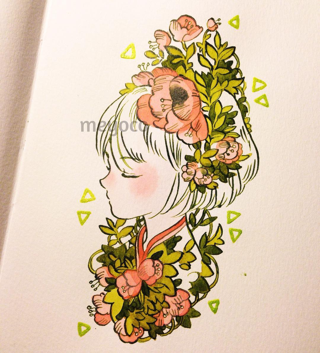 1girl artist_name bangs closed_eyes flower leaf limited_palette meyoco original photo pink_flower plant portrait profile short_hair solo traditional_media triangle white_hair