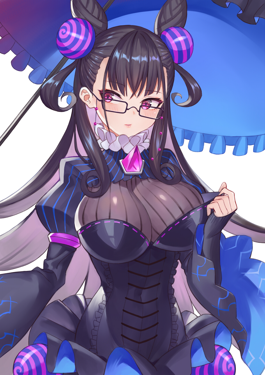 1girl black-framed_eyewear black_dress black_hair blush breasts brooch dress fate/grand_order fate_(series) floating_hair frills glasses hair_ornament highres holding holding_umbrella jewelry juliet_sleeves large_breasts long_hair long_sleeves looking_at_viewer murasaki_shikibu_(fate) parted_lips pink_eyes puffy_sleeves solo standing striped turtleneck two_side_up umbrella upper_body very_long_hair white_background wide_sleeves ziko