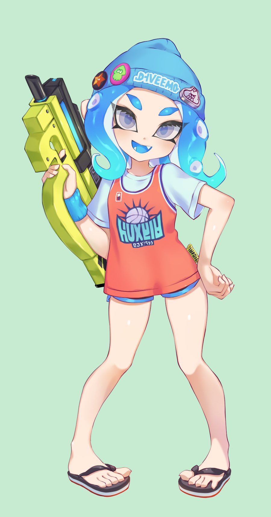 1girl :d badge basketball_jersey beanie black_footwear black_shorts blue_hair blue_hat button_badge eyes_visible_through_hair fang finger_on_trigger full_body green_background grey_eyes hat hero_shot_(splatoon_2) highres holding jersey jtveemo legs_apart long_hair looking_at_viewer octarian octoling open_mouth pigeon-toed sandals shirt short_sleeves shorts smile solo splatoon splatoon_(series) splatoon_2 squid standing star suction_cups t-shirt tentacle_hair white_shirt wristband