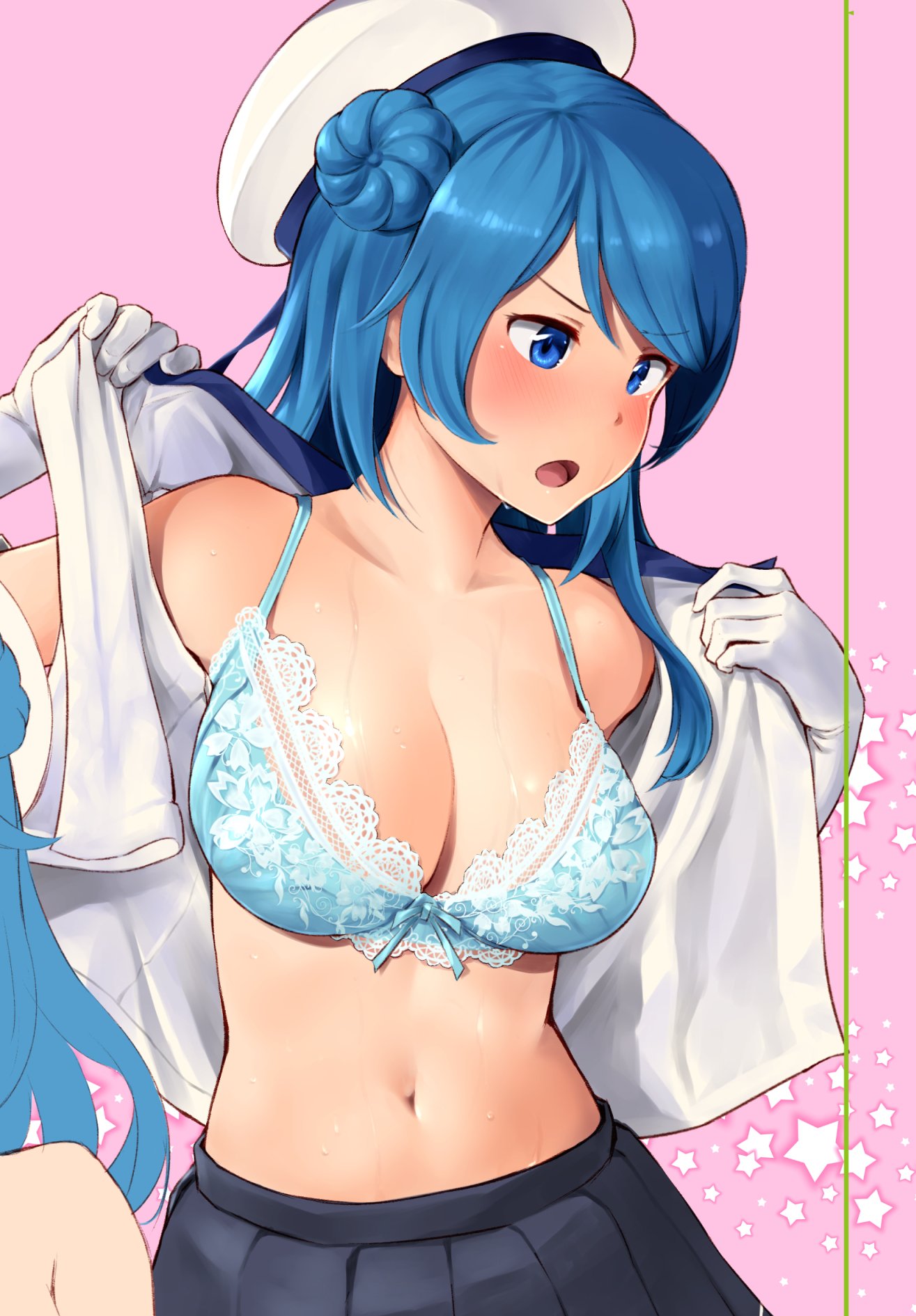 1girl blue_bra blue_eyes blue_hair blush bra breasts cleavage gloves hair_bun hat highres kantai_collection lace lace-trimmed_bra large_breasts navel skirt solo star starry_background sweat underwear undressing urakaze_(kantai_collection) wa_(genryusui) white_gloves