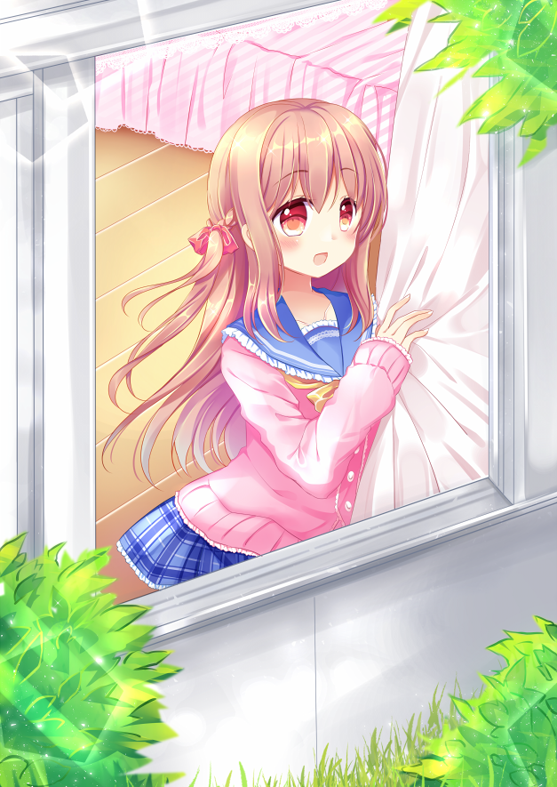 1girl :d bangs bed blue_sailor_collar blue_skirt blush bow brown_hair cardigan commentary_request curtains day eyebrows_visible_through_hair fingernails hair_between_eyes hair_bow hand_up long_hair long_sleeves moe2019 one_side_up open_mouth original outdoors pink_cardigan plaid plaid_skirt pleated_skirt red_bow red_eyes sailor_collar school_uniform serafuku shikito skirt sleeves_past_wrists smile solo very_long_hair window wooden_floor