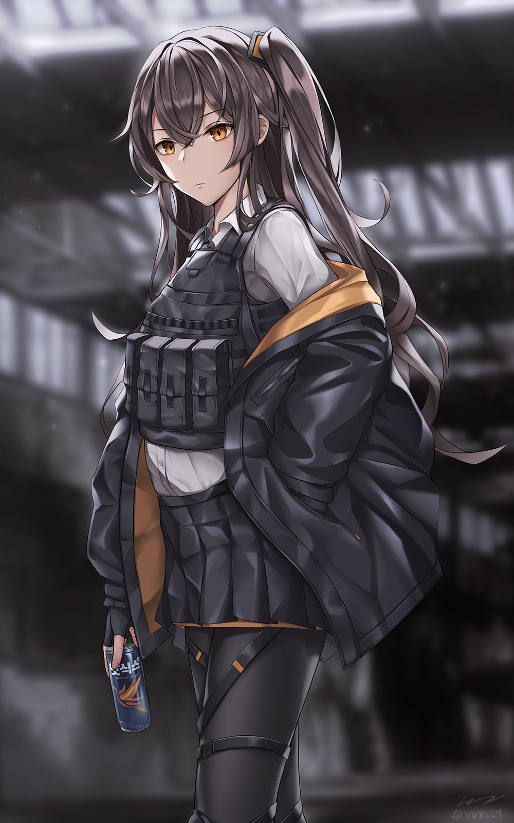 1girl blurry blurry_background brown_hair can commentary fingerless_gloves girls_frontline gloves hand_in_pocket highres holding jacket load_bearing_vest long_hair off_shoulder one_side_up pantyhose solo ump45_(girls_frontline) vvy yellow_eyes