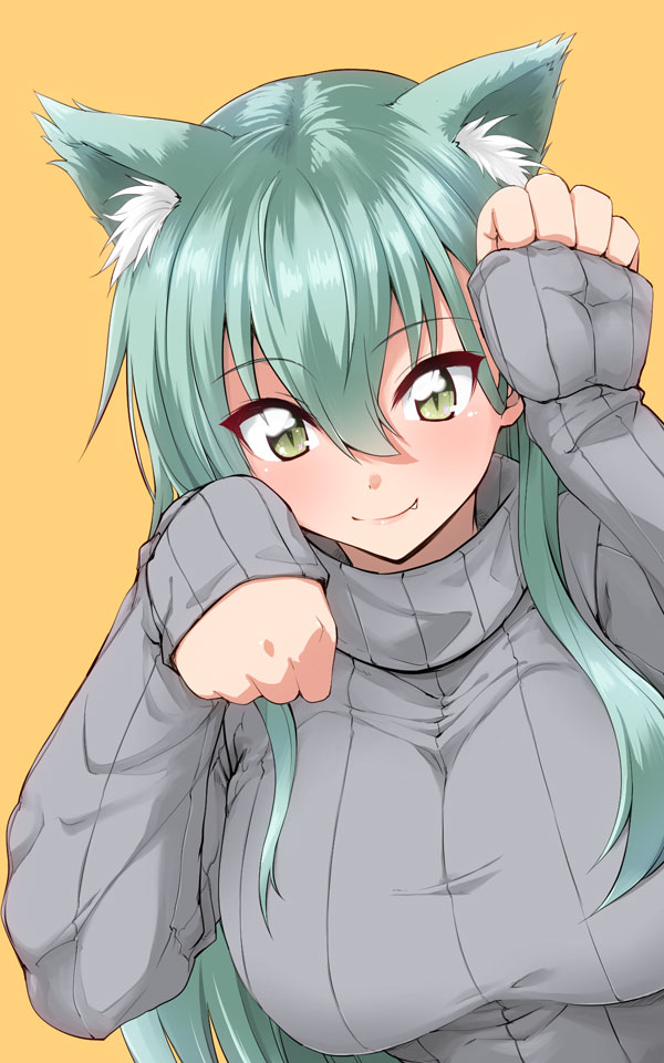 1girl alternate_costume animal_ears aqua_hair blush breasts cat_ears closed_mouth eyebrows_visible_through_hair green_eyes grey_sweater hair_between_eyes kantai_collection large_breasts long_hair mikagami_sou paw_pose simple_background slit_pupils smile solo suzuya_(kantai_collection) sweater yellow_background