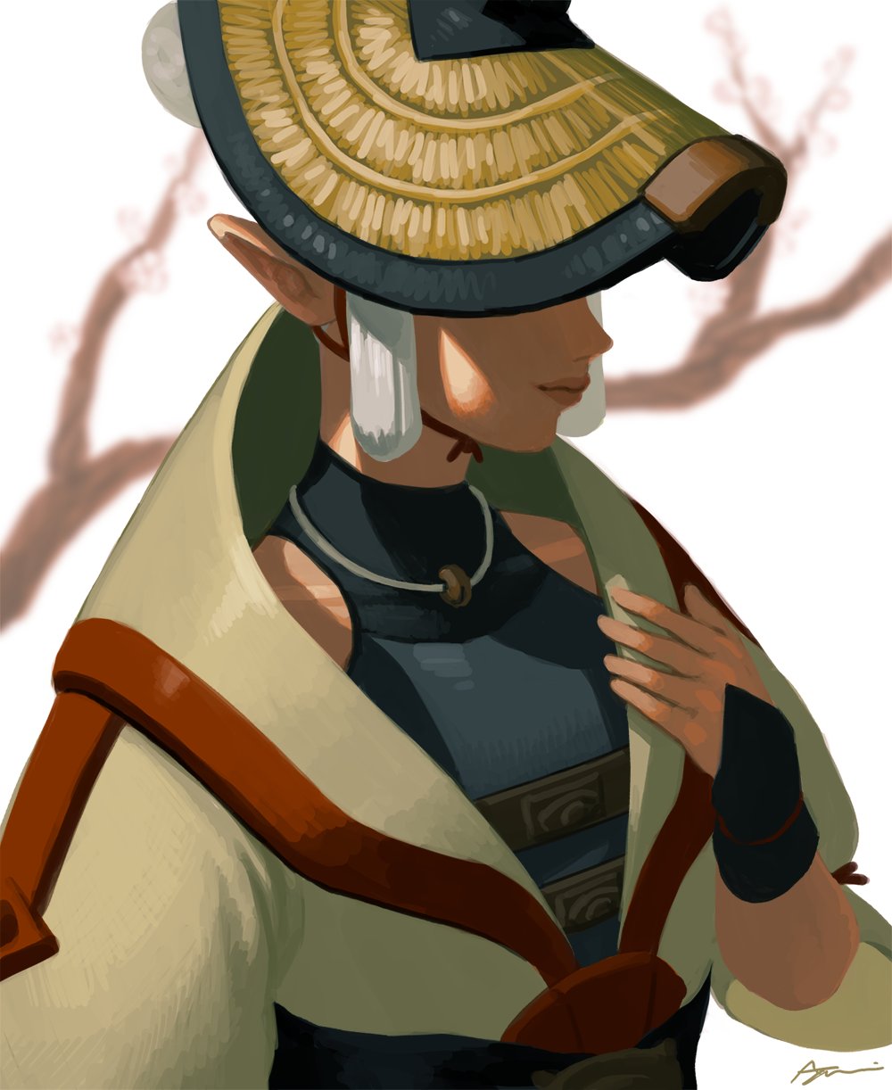 1girl ayumi_(830890) branch bridal_gauntlets chin_strap closed_mouth hand_up hat highres jewelry lips necklace nintendo paya_(zelda) pointy_ears short_hair signature silver_hair solo the_legend_of_zelda the_legend_of_zelda:_breath_of_the_wild upper_body