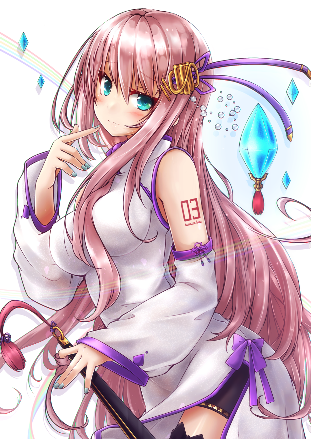 1girl :s akino_coto bangs blue_eyes blush breasts china_dress chinese_clothes detached_sleeves dress eyebrows_visible_through_hair hair_ornament highres large_breasts long_hair looking_at_viewer megurine_luka nail_polish pink_hair profile shorts_under_dress side_slit solo tattoo thigh-highs vocaloid white_background