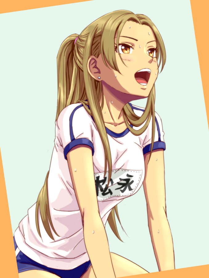 1girl anbj blue_buruma brown_eyes brown_hair buruma character_name collarbone earrings grey_background gym_uniform idolmaster idolmaster_cinderella_girls jewelry leaning_forward long_hair looking_afar matsunaga_ryou open_mouth ponytail shirt short_sleeves solo sweatdrop very_long_hair white_shirt