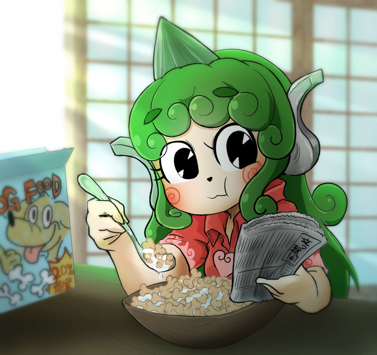 1girl black_eyes bowl chamaji commentary_request curly_hair dog_food eating green_hair holding_newspaper horn komano_aun newspaper reading red_shirt shirt solo spoon touhou