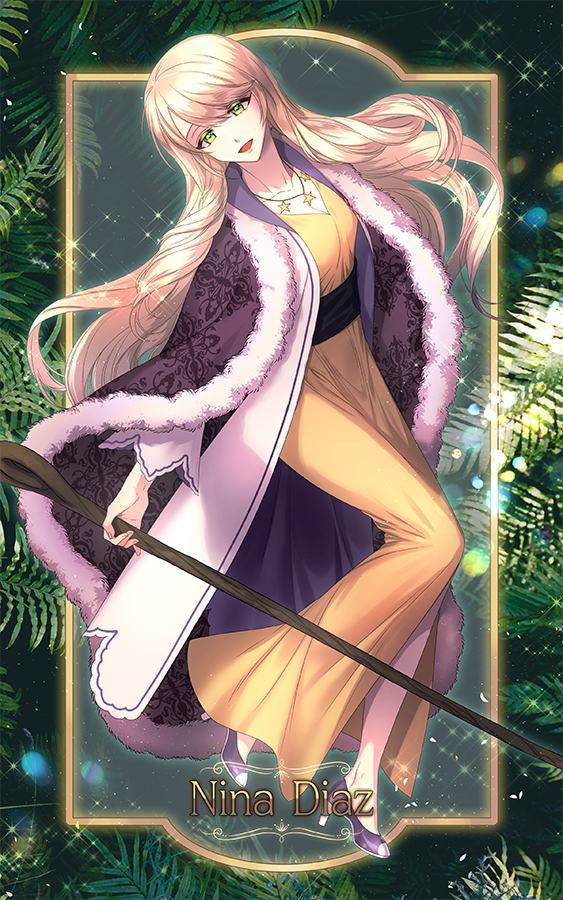 1girl :d americano_exodus blonde_hair character_name dress full_body fur_trim green_eyes high_heels holding holding_staff hsmoji jewelry long_hair long_sleeves looking_at_viewer necklace nina_diaz open_mouth purple_footwear smile solo staff standing yellow_dress