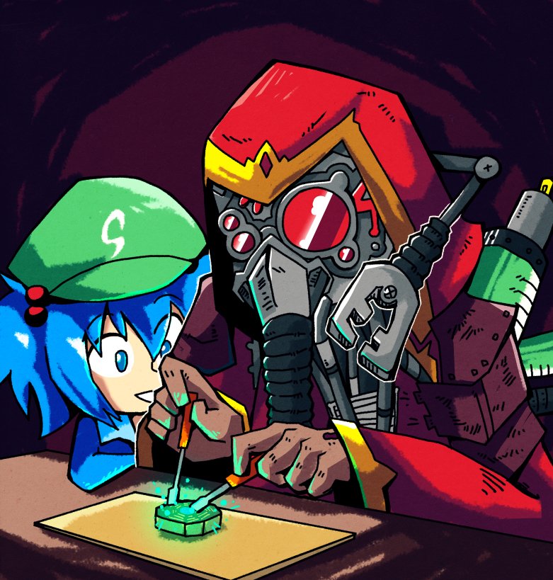 1boy 1girl adeptus_mechanicus blue_eyes blue_hair blue_shirt chisel commentary crossover cyborg dark_background english_commentary extra_arms glowing goggles green_hat hair_bobbles hair_ornament hat hood kawashiro_nitori mask mechanical_arm mini-hakkero rebreather red_goggles red_hood red_robe robe setz shirt short_hair smile sparks table techpriest touhou tube twintails warhammer_40k