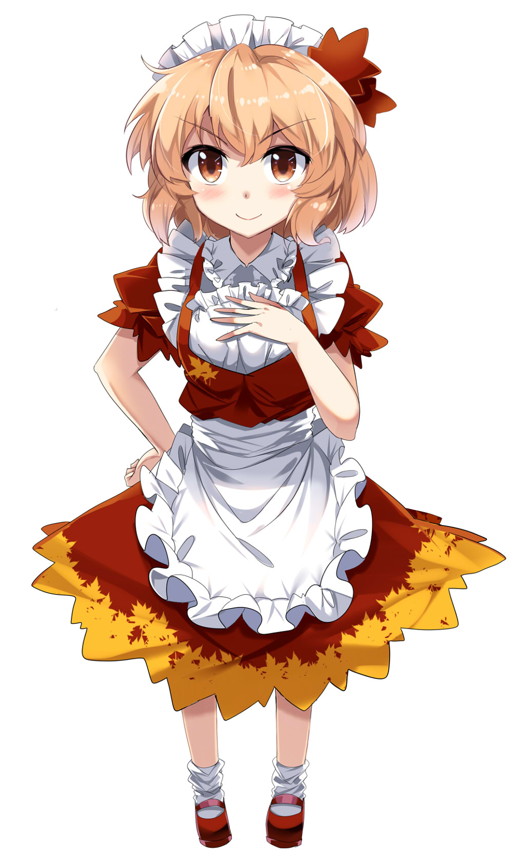 &gt;:) 1girl aki_shizuha alternate_costume apron bangs blonde_hair blush brown_eyes commentary_request e.o. enmaided eyebrows_visible_through_hair frilled_apron frilled_shirt_collar frills full_body hair_between_eyes hair_ornament highres leaf_hair_ornament leaf_print looking_at_viewer maid maid_apron maid_headdress mary_janes puffy_short_sleeves puffy_sleeves red_footwear red_shirt red_skirt shirt shoes short_hair short_sleeves simple_background skirt skirt_set smile socks solo standing touhou v-shaped_eyebrows waist_apron white_apron white_background white_legwear