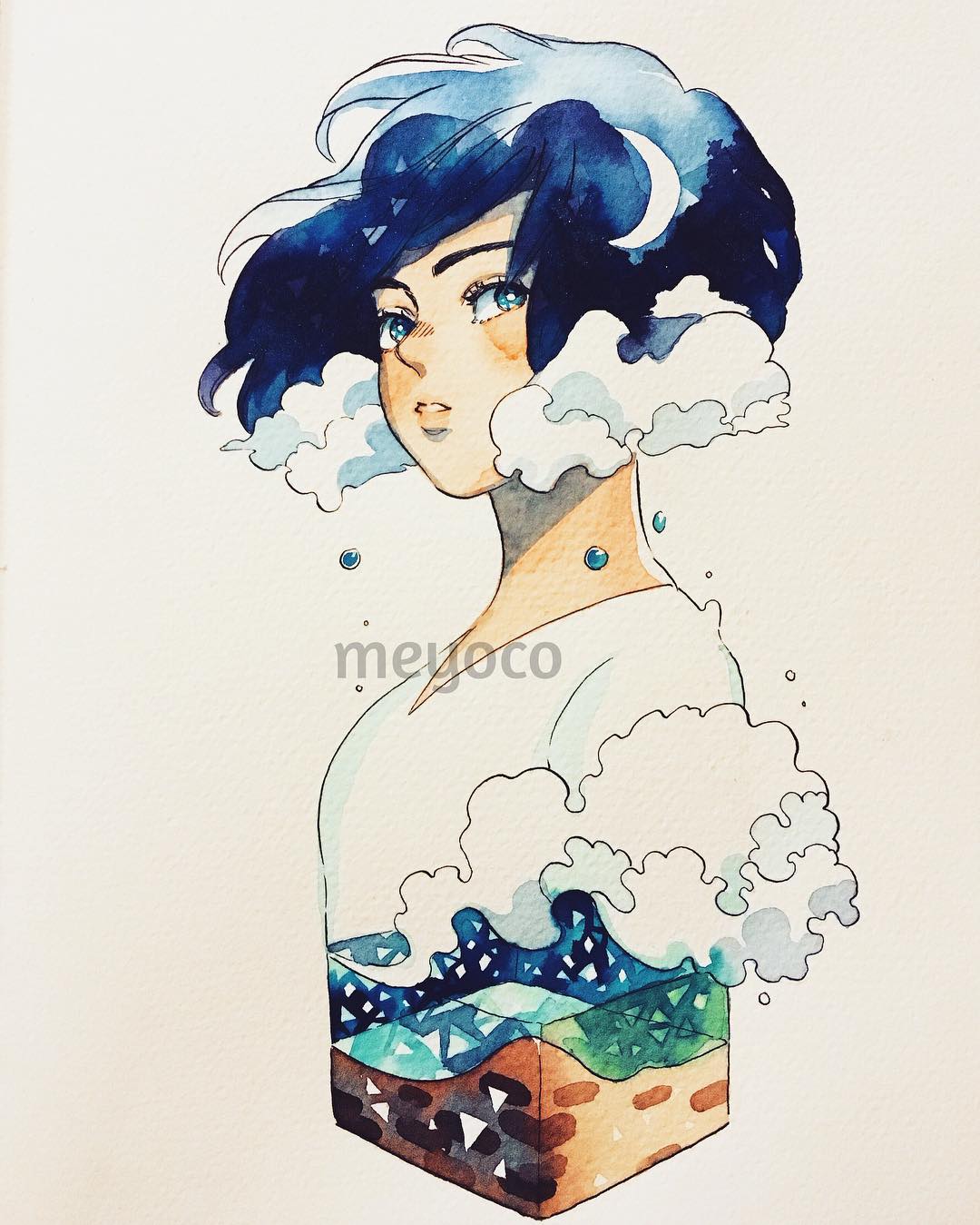1girl artist_name blue_hair cloud_hair crescent_moon cropped_torso cube from_side highres meyoco moon original parted_lips photo shirt short_hair solo traditional_media upper_body waves white_shirt