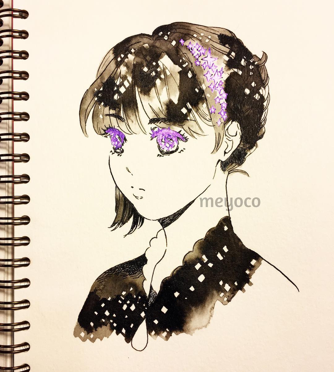 1girl artist_name black_hair eyebrows_visible_through_hair hair_ornament hairpin highres inktober limited_palette meyoco original photo portrait short_hair solo spot_color star traditional_media violet_eyes