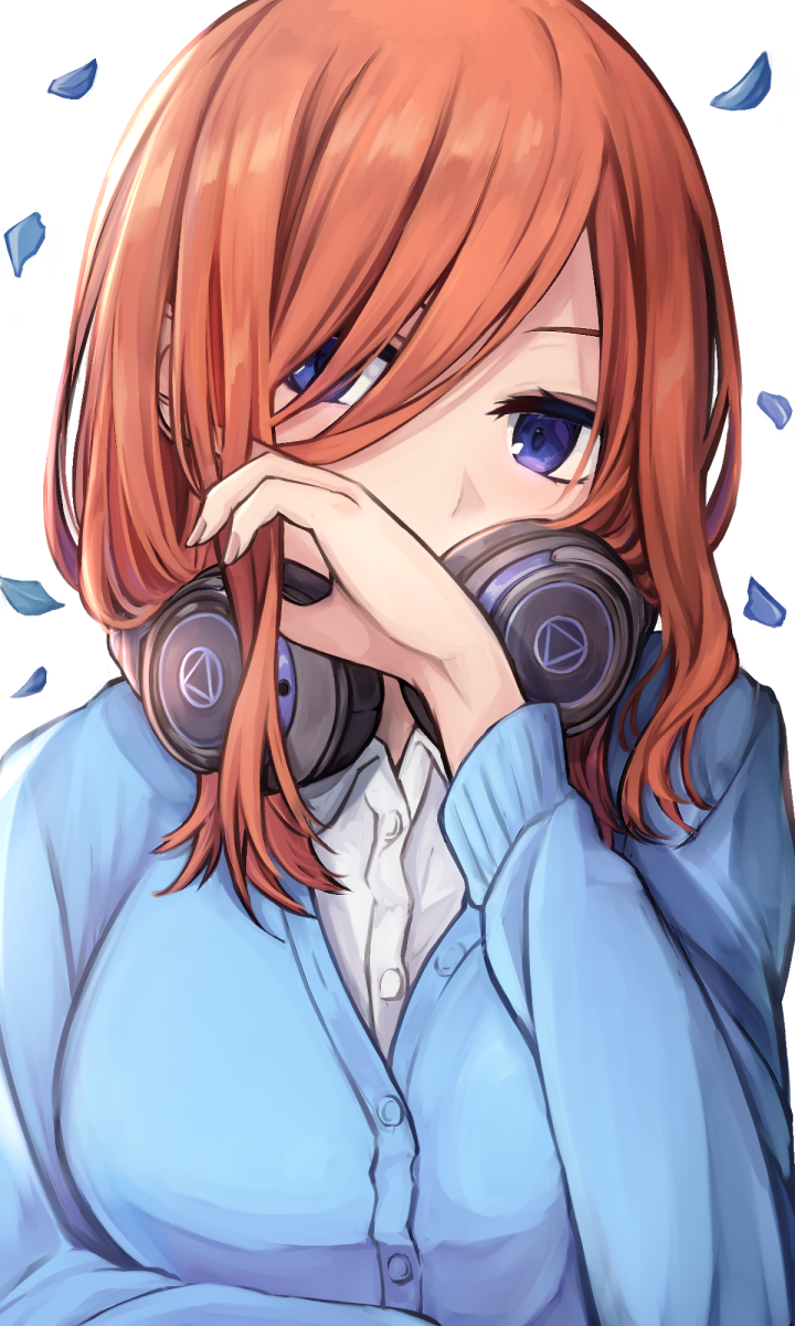 1girl alisia0812 bangs blue_cardigan blue_eyes breasts brown_hair closed_mouth fingernails go-toubun_no_hanayome hair_between_eyes hair_over_one_eye hand_in_hair headphones headphones_around_neck highres large_breasts long_sleeves nakano_miku petals shirt simple_background solo upper_body white_background white_shirt