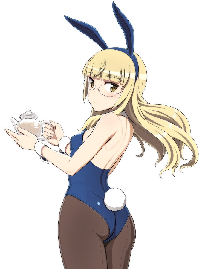 1girl animal_ears ass back bangs blonde_hair blue_leotard blunt_bangs breasts bunny_tail closed_mouth commentary cowboy_shot detached_collar eyebrows_visible_through_hair fake_animal_ears fake_tail from_behind glasses holding_teapot leotard long_hair looking_at_viewer looking_back nanashino pantyhose perrine_h_clostermann rabbit_ears simple_background small_breasts smile solo standing strapless strapless_leotard strike_witches tail teapot thighs white_background wind world_witches_series wrist_cuffs yellow_eyes