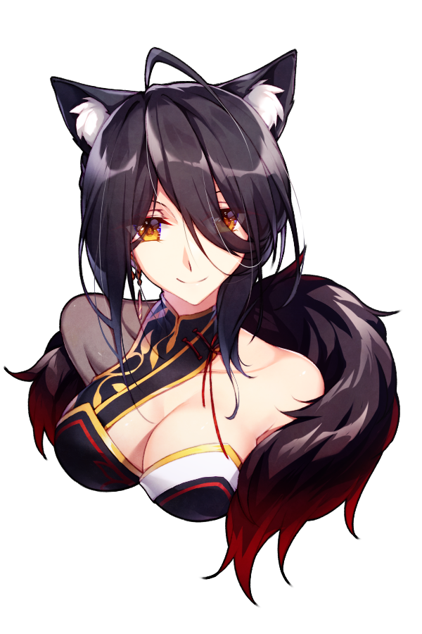 1girl ahoge animal_ears ara_han black_hair breasts cat_ears cleavage collarbone devi_(elsword) earrings elsword eyebrows_visible_through_hair eyes_visible_through_hair fluffy hair_over_one_eye jewelry smile yellow_eyes yun_(outsidey)