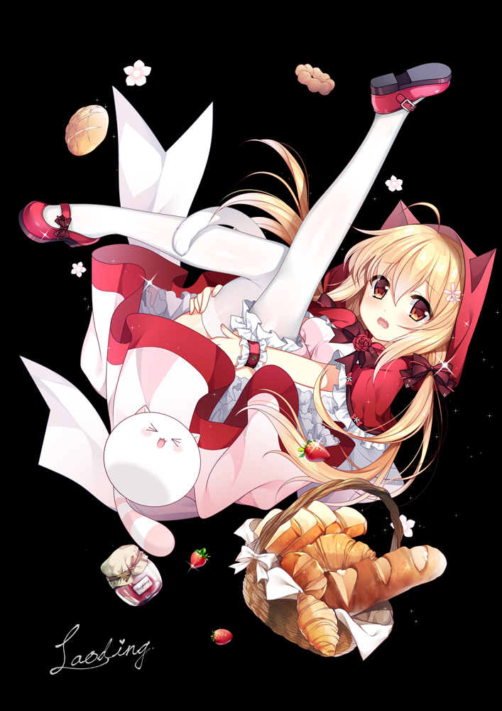 &gt;_&lt; 1girl :d ahoge animal animal_ears animal_hood baguette bangs basket black_background blonde_hair blush bow bread breasts capelet cat cat_ears cat_girl cat_hood cat_tail closed_eyes copyright_request eyebrows_visible_through_hair flower food fruit hair_between_eyes hair_bow hair_flower hair_ornament hood hood_up hooded_capelet jar legs_up long_hair low_twintails mary_janes medium_breasts official_art open_mouth pink_flower red_bow red_capelet red_eyes red_flower red_footwear red_rose rose shirt shoe_soles shoes simple_background skirt smile solo strawberry tail tears thigh-highs twintails verjuice very_long_hair wavy_mouth white_flower white_legwear white_shirt white_skirt wrist_cuffs xd