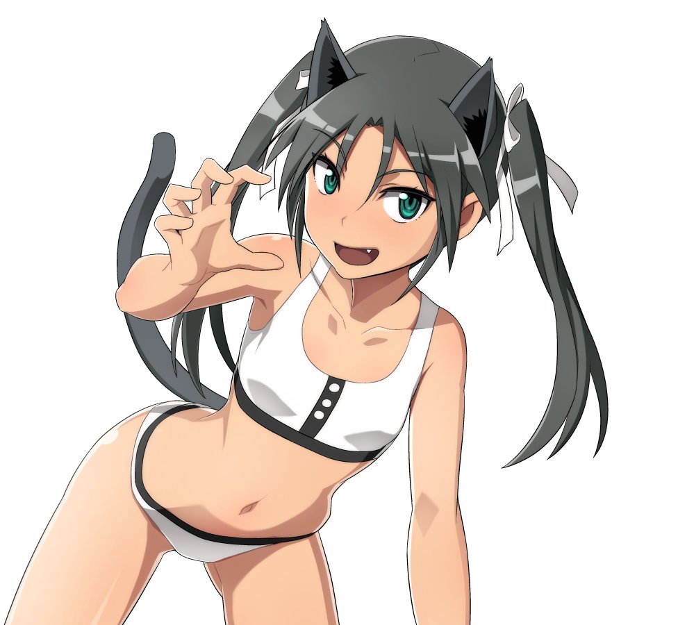 1girl animal_ears bangs black_hair black_ribbon bra breasts cat_ears cat_tail collarbone commentary cowboy_shot eyebrows_visible_through_hair fang francesca_lucchini green_eyes hair_ribbon leaning_forward long_hair looking_at_viewer nanashino navel open_mouth panties ribbon simple_background skindentation small_breasts smile solo strike_witches tail training_bra twintails underwear underwear_only white_background white_bra white_panties world_witches_series