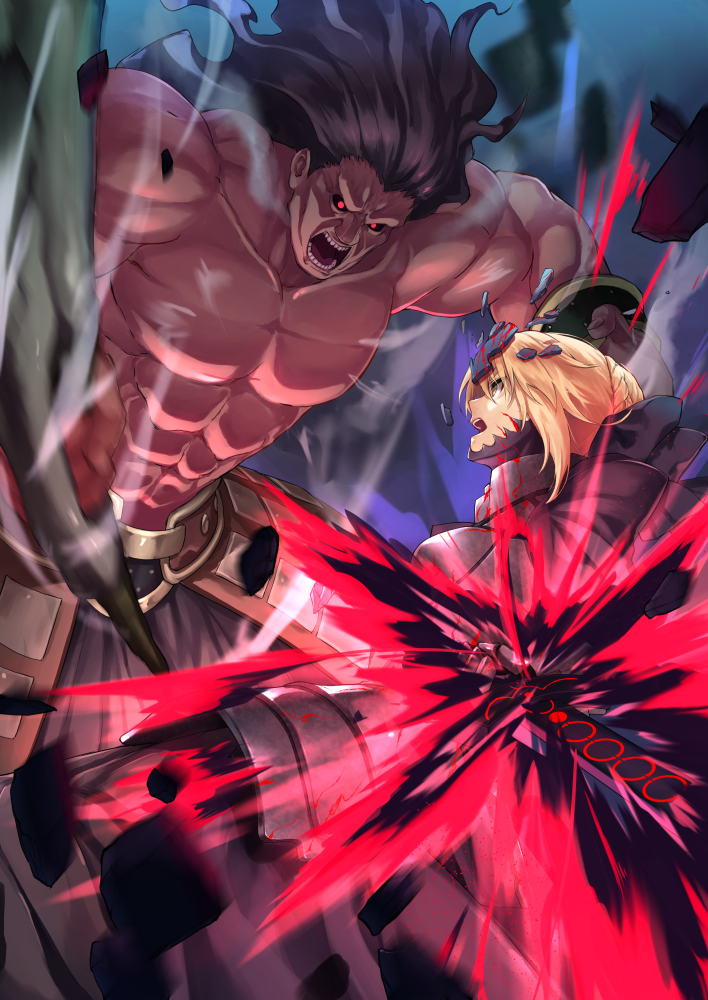 1boy 1girl armor armored_dress artoria_pendragon_(all) berserker black_dress black_hair black_skirt blonde_hair braided_bun dark_excalibur dark_skin dress fate/stay_night fate_(series) faulds fighting floating_hair hair_between_eyes holding holding_sword holding_weapon long_dress long_hair muscle open_mouth red_eyes saber_alter shimozuki_shio sidelocks skirt sword weapon yellow_eyes